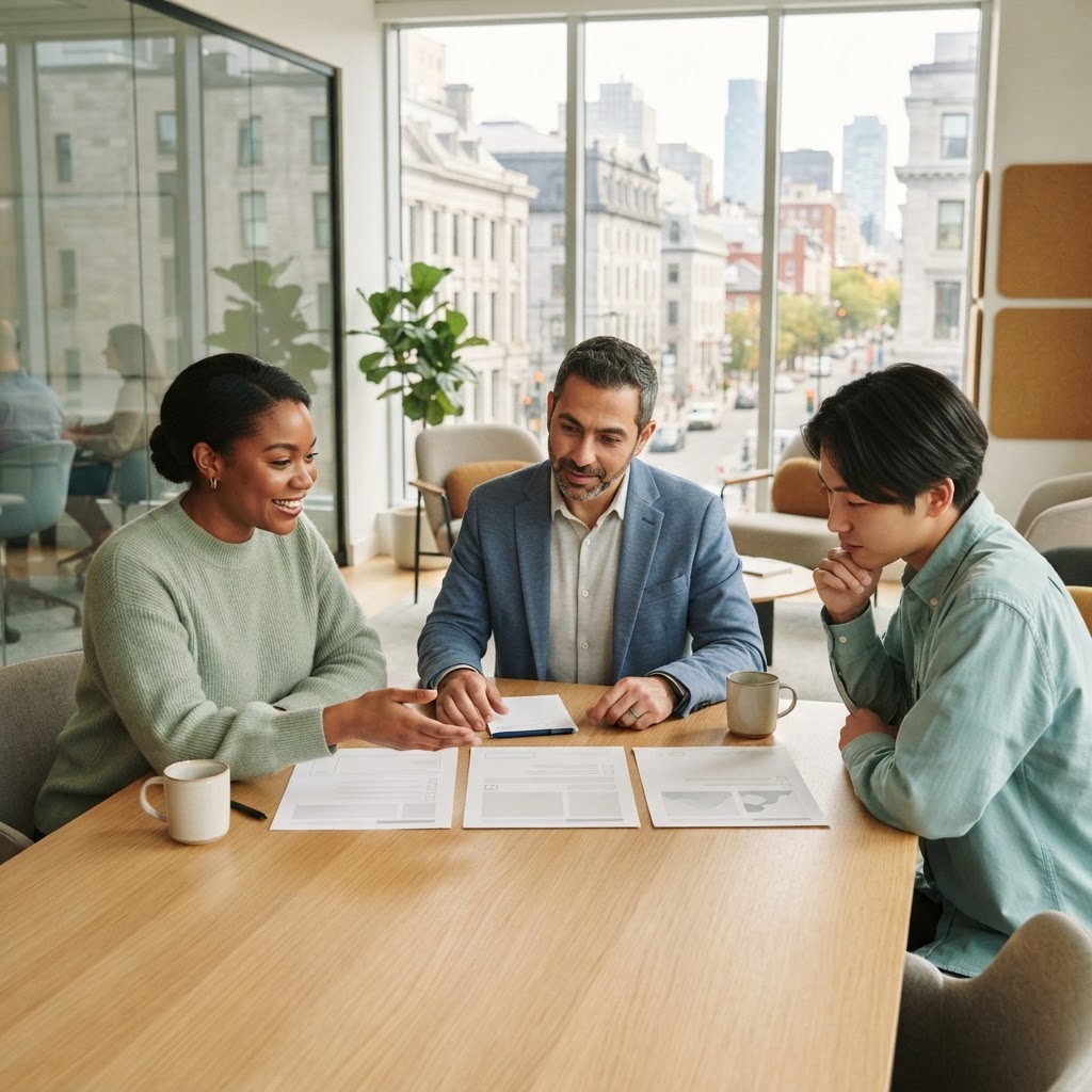 A team comparing three benefit plan options in a bright office