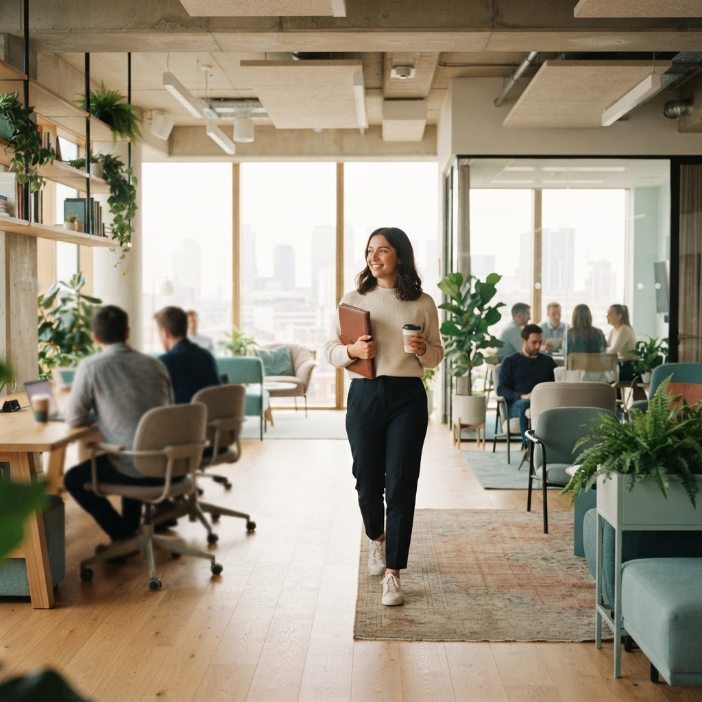 Employee walking through a modern supportive office environment