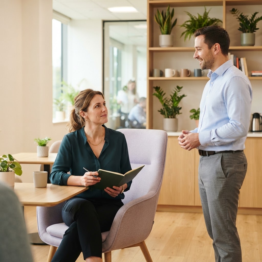 HR manager discussing benefits with a colleague in a bright office