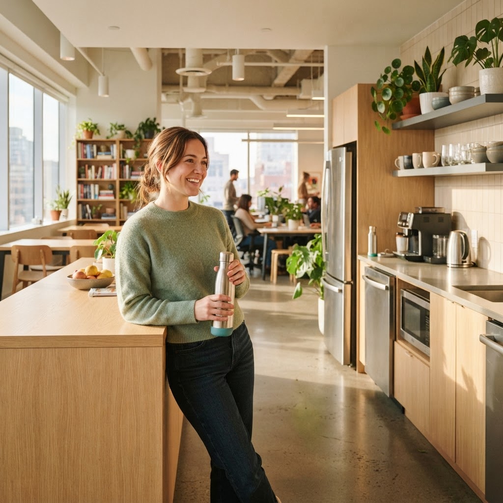 Employee relaxing in a modern bright office kitchen
