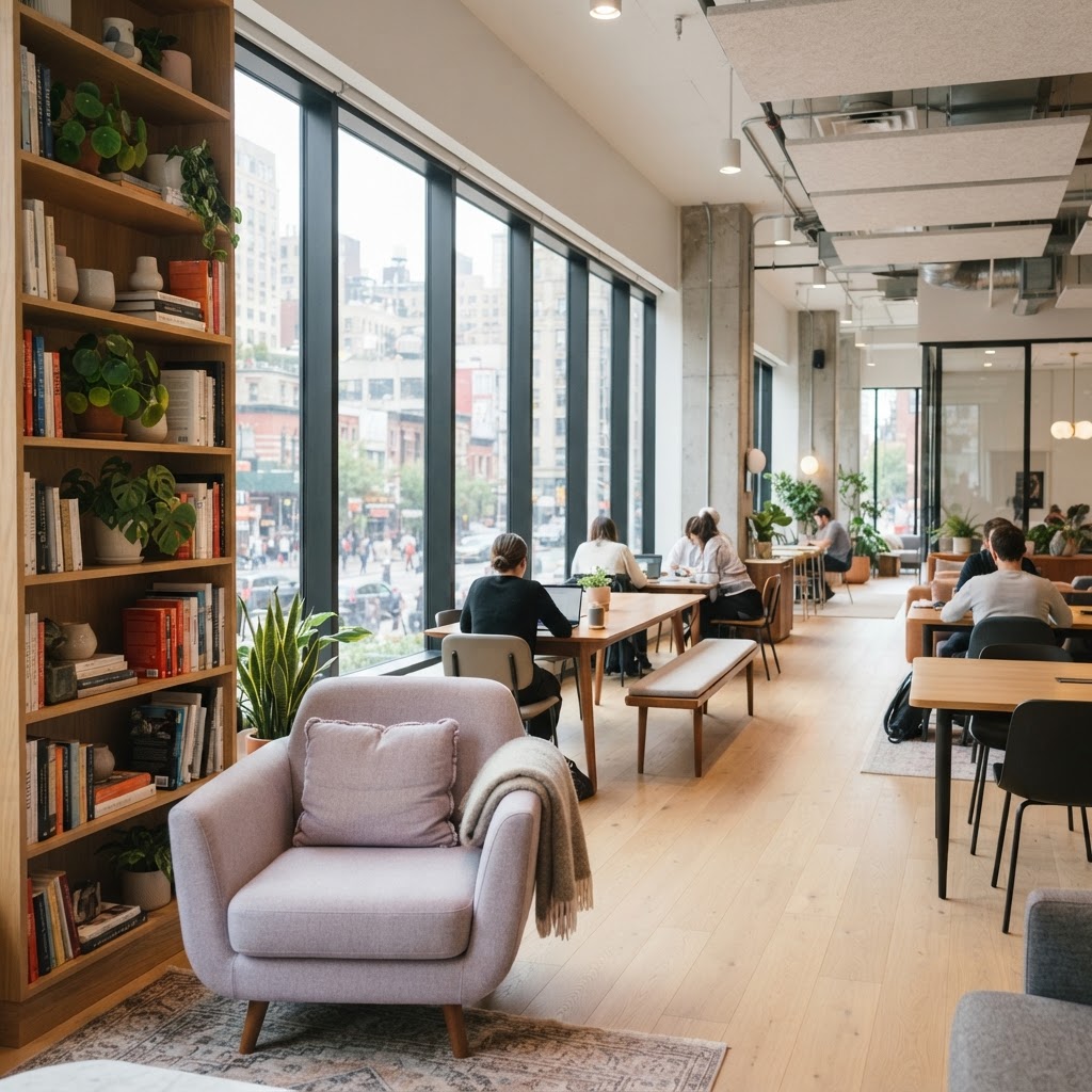 Modern light filled office lounge area