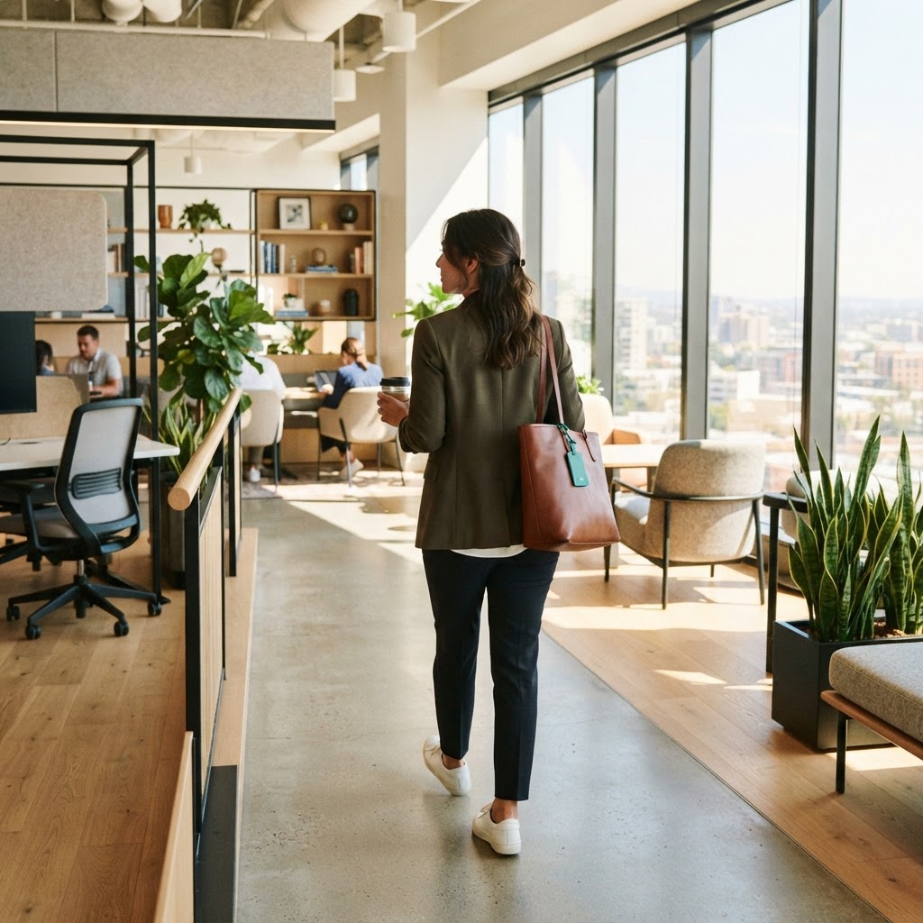 Person walking through a bright modern office