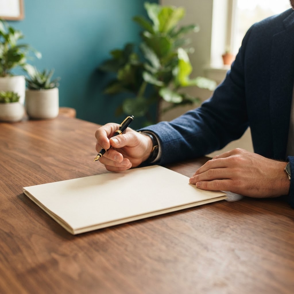 Close up of hands with a blank folder on a desk