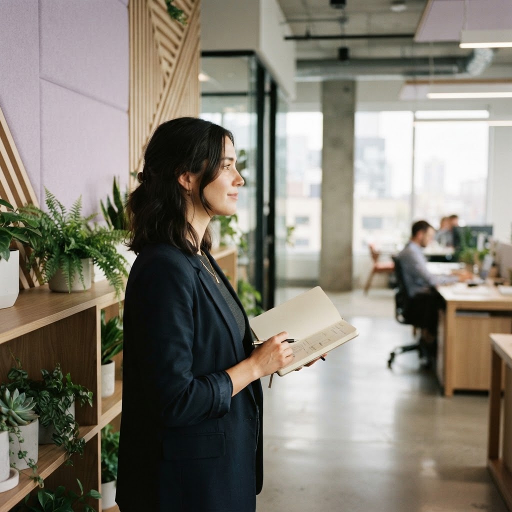 Professional standing in a serene modern office space