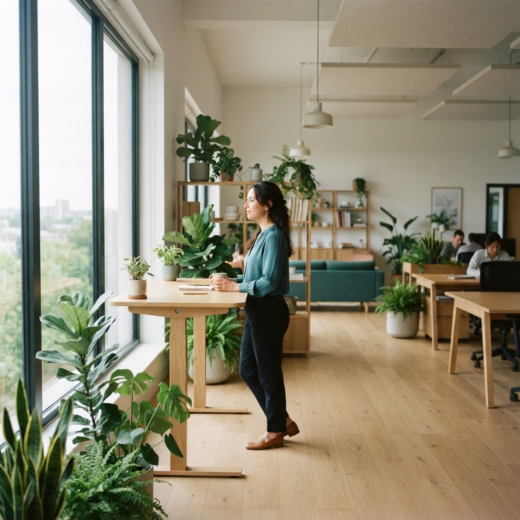 Quiet professional office space with plants and soft light