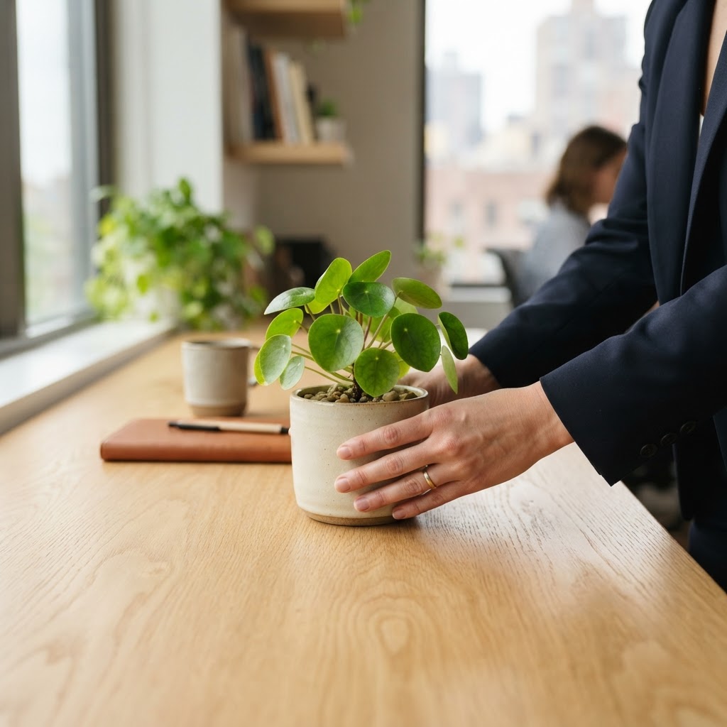Close up of hands placing a plant on a desk