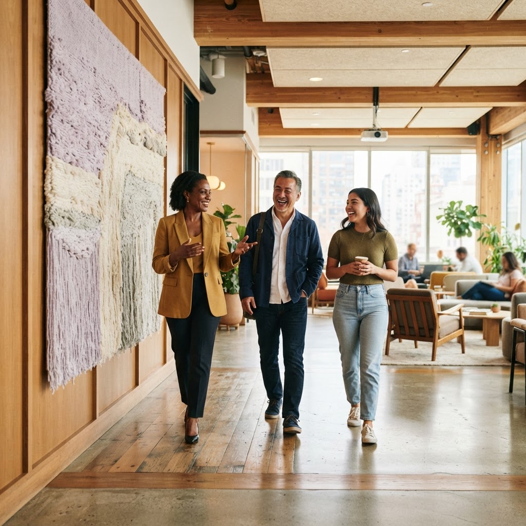 Colleagues walking together in a modern office lounge