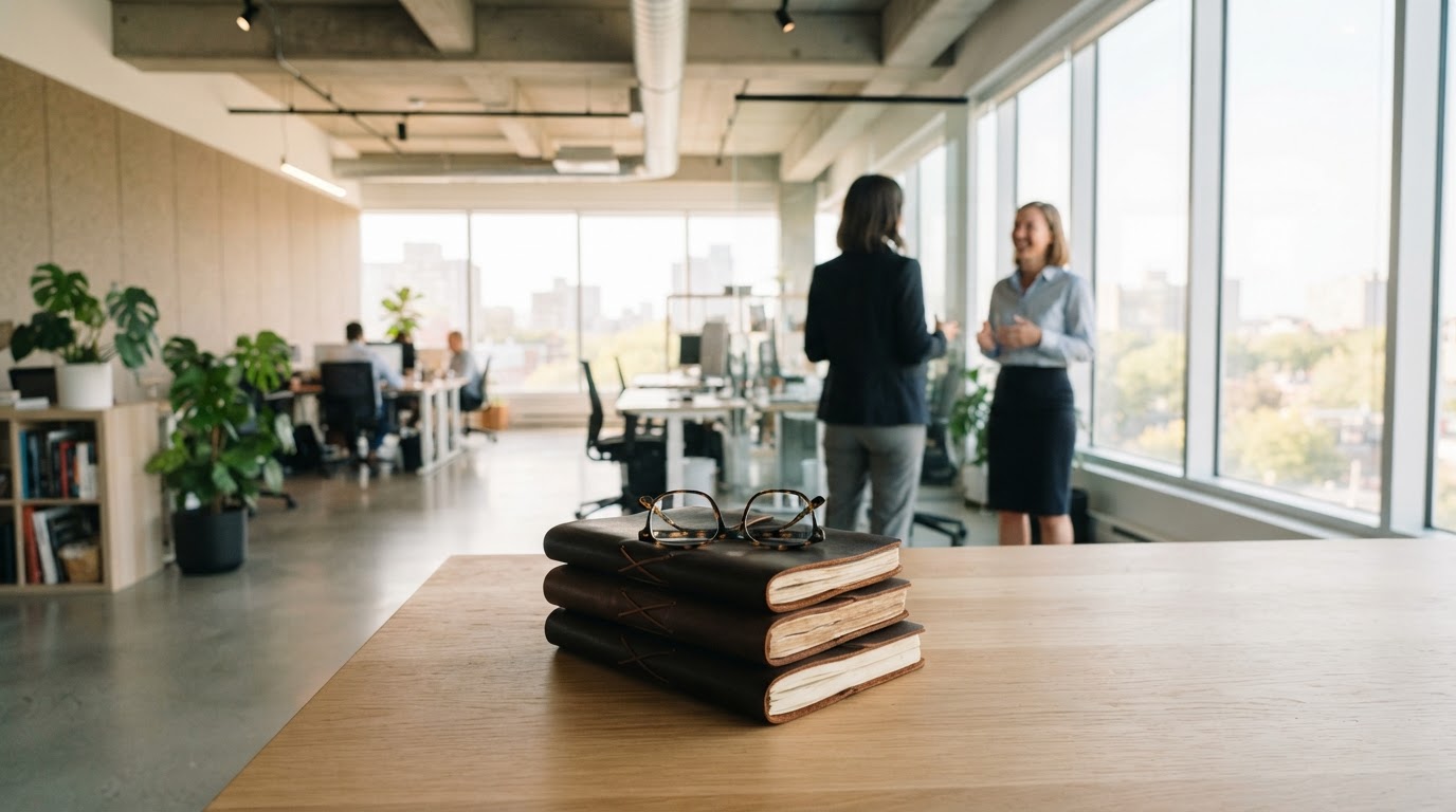 Modern office setting with journals and glasses