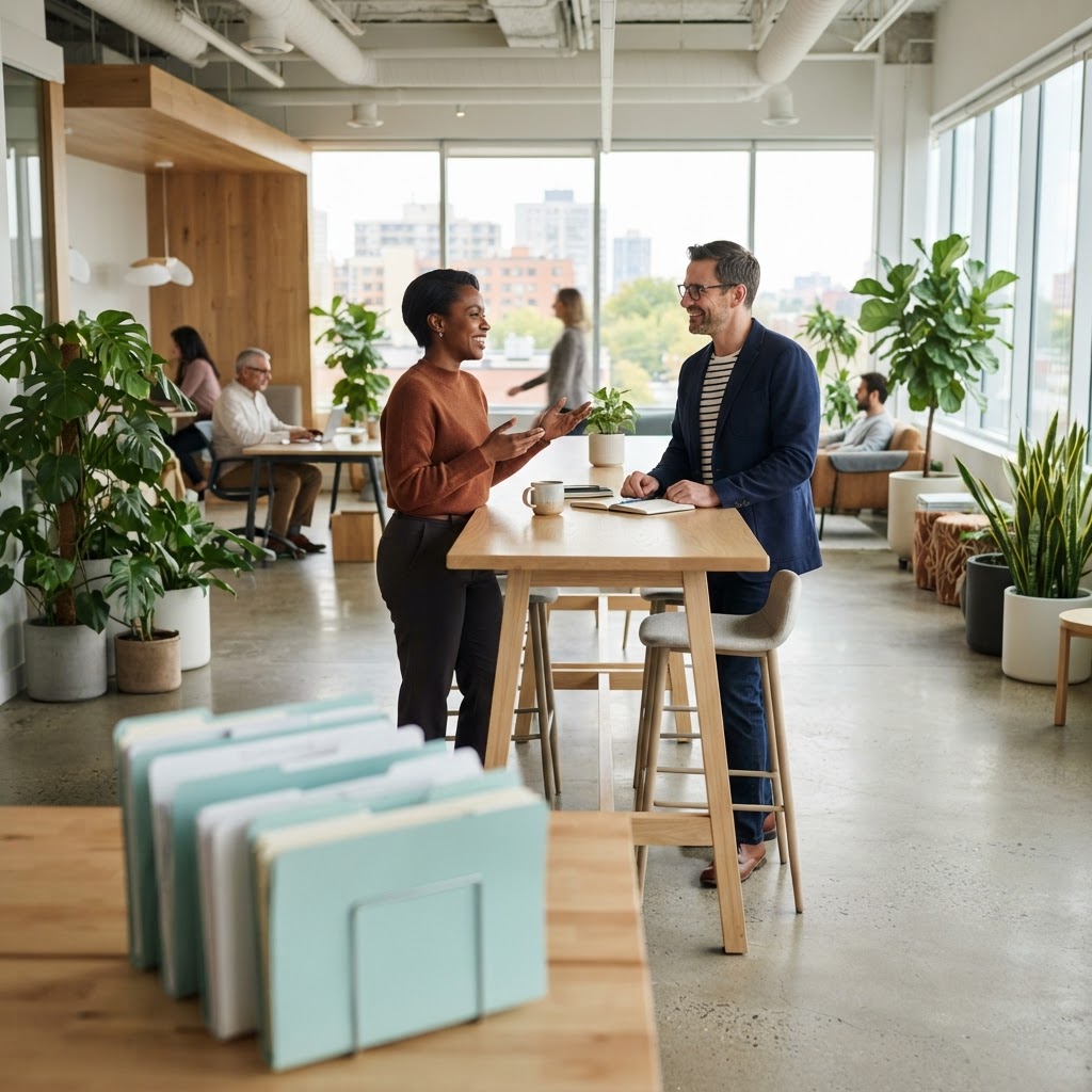 Diverse team collaborating at a standing desk in a bright office