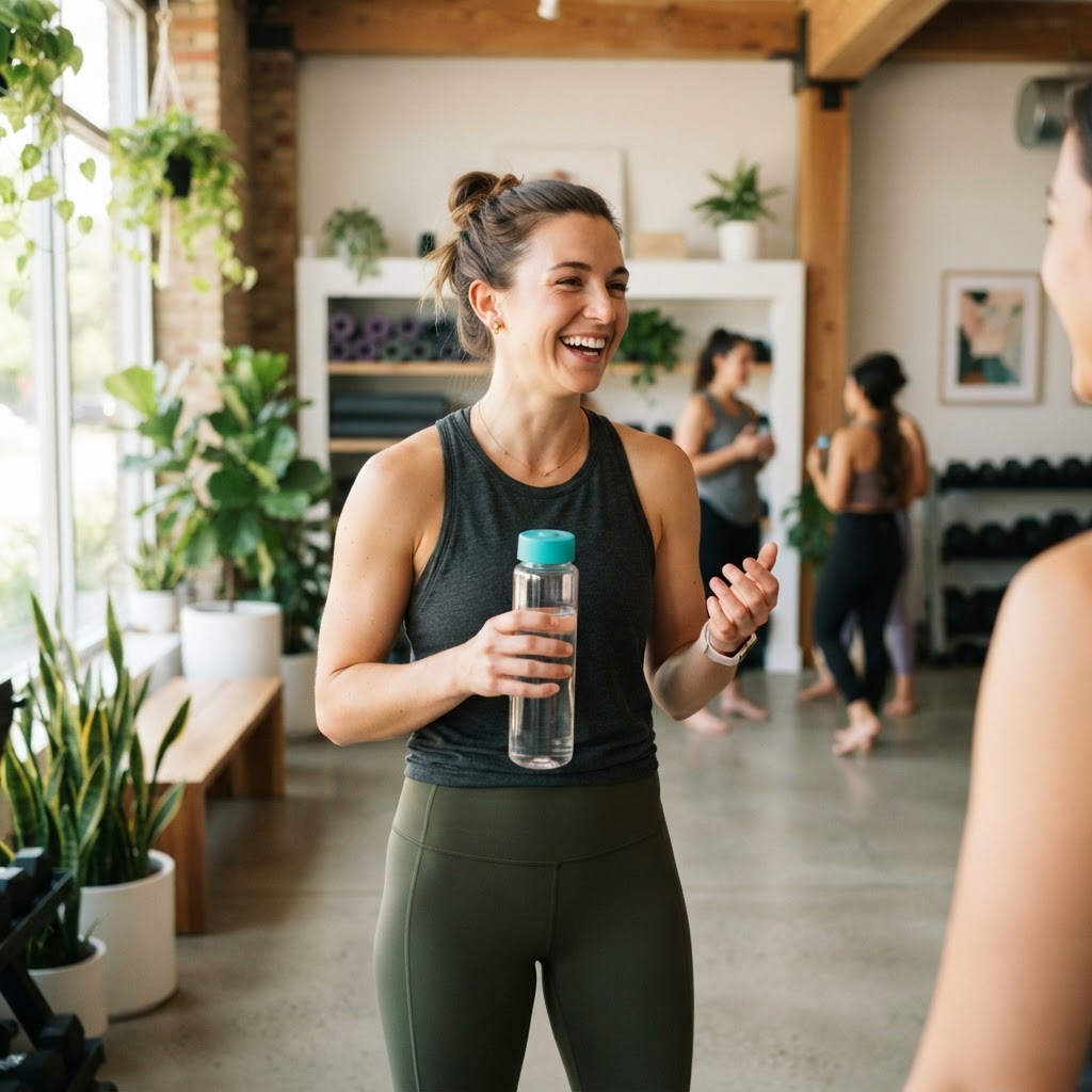 Happy employee resting after a workout in a modern fitness studio