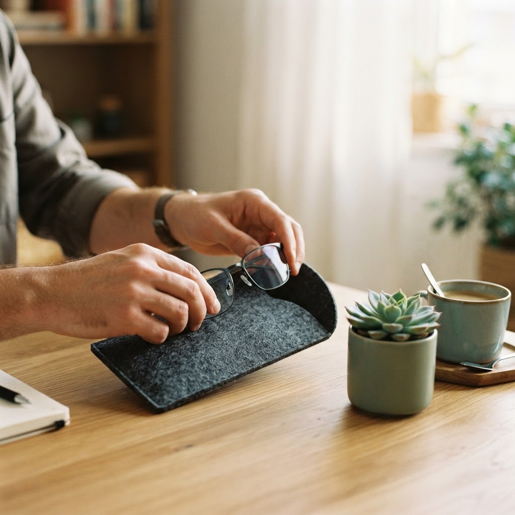 Person placing new eyeglasses into a case on an office desk