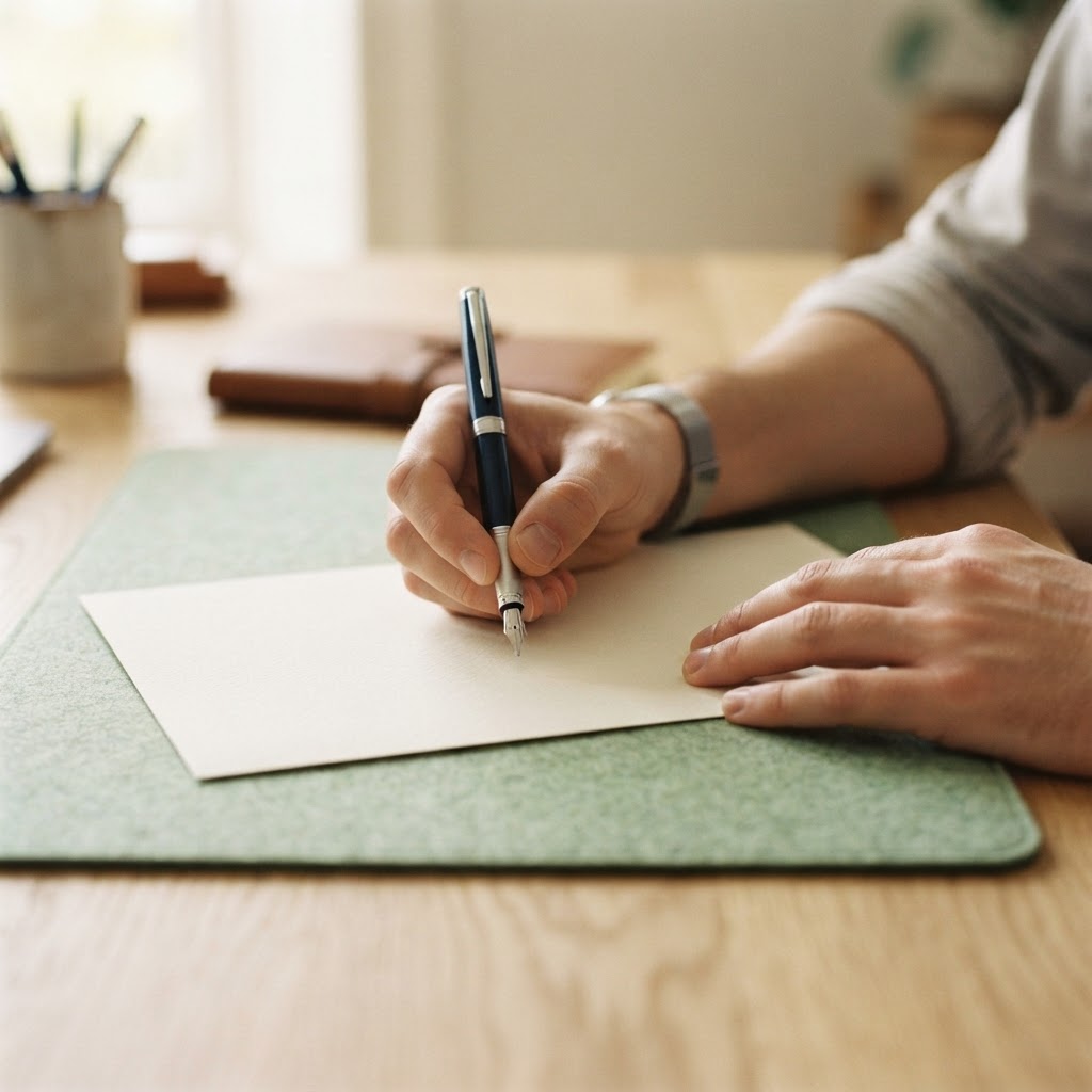 Close up of hands and paper on an oak desk