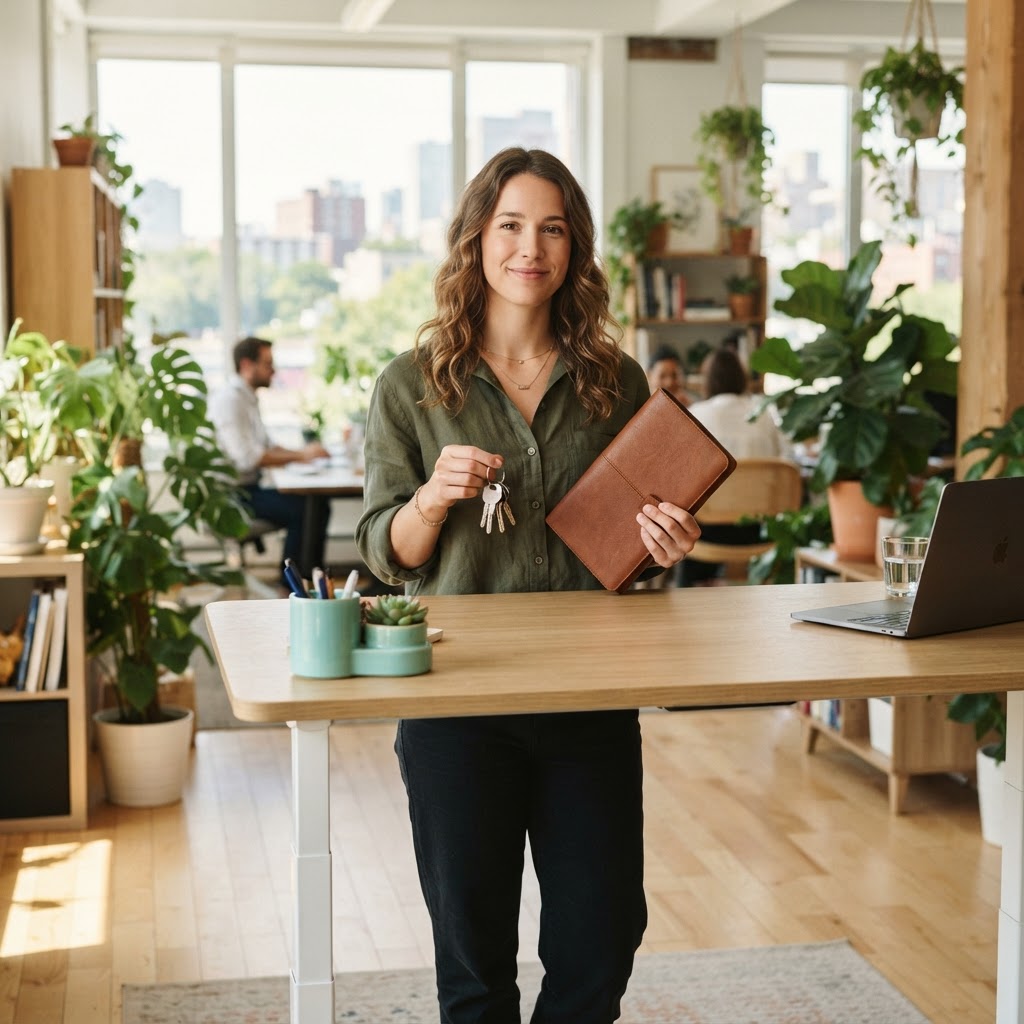 Person standing in a bright sunlit office