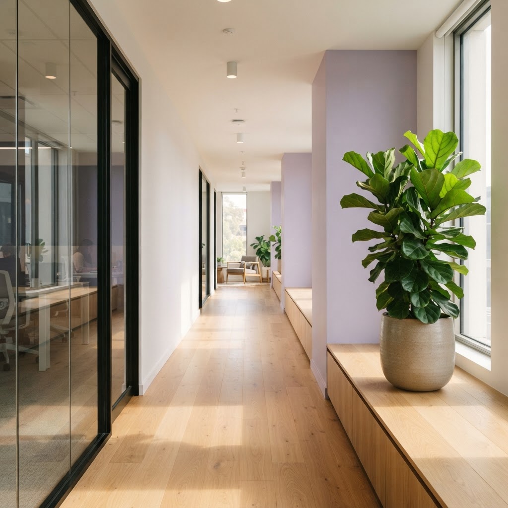 Sunlit modern office interior with purple walls