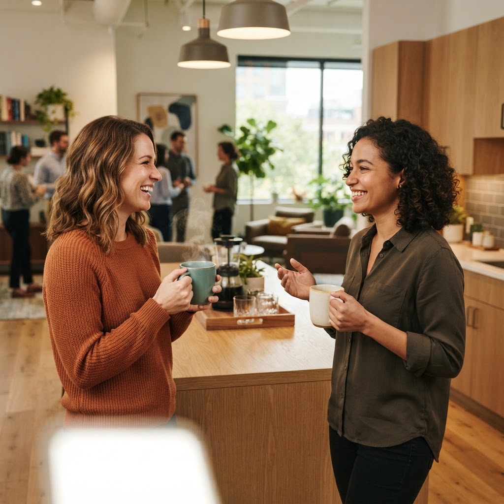 Two colleagues talking in a modern office break area