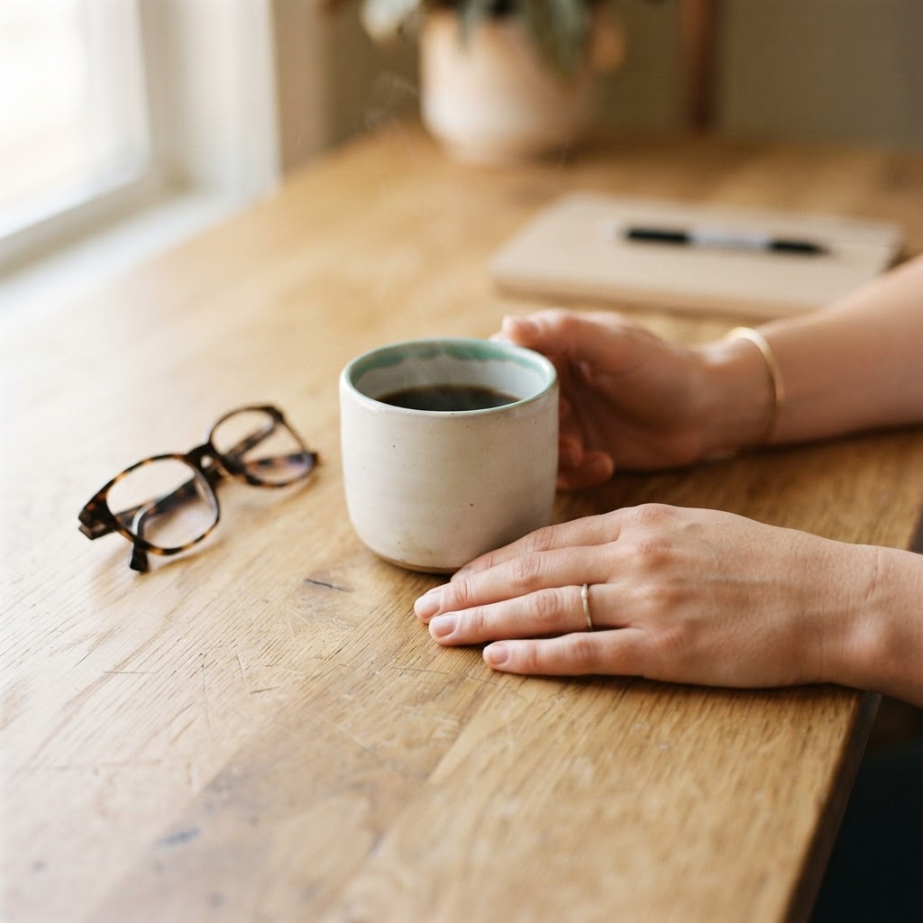 Close up of hands with a mug and glasses on a desk