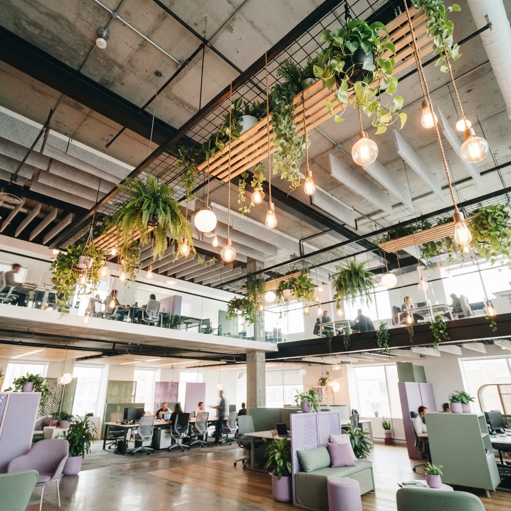 Modern office interior with hanging greenery and warm light