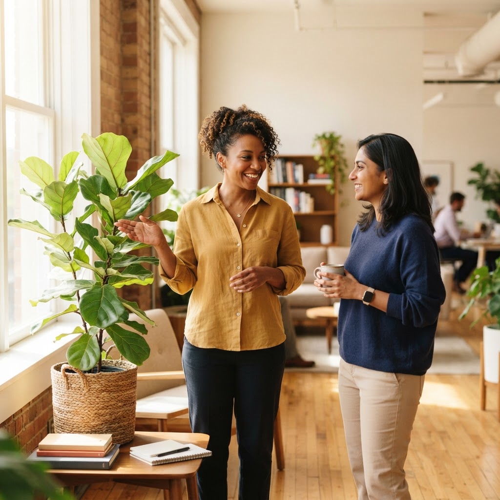 Two colleagues having a friendly conversation in a bright office