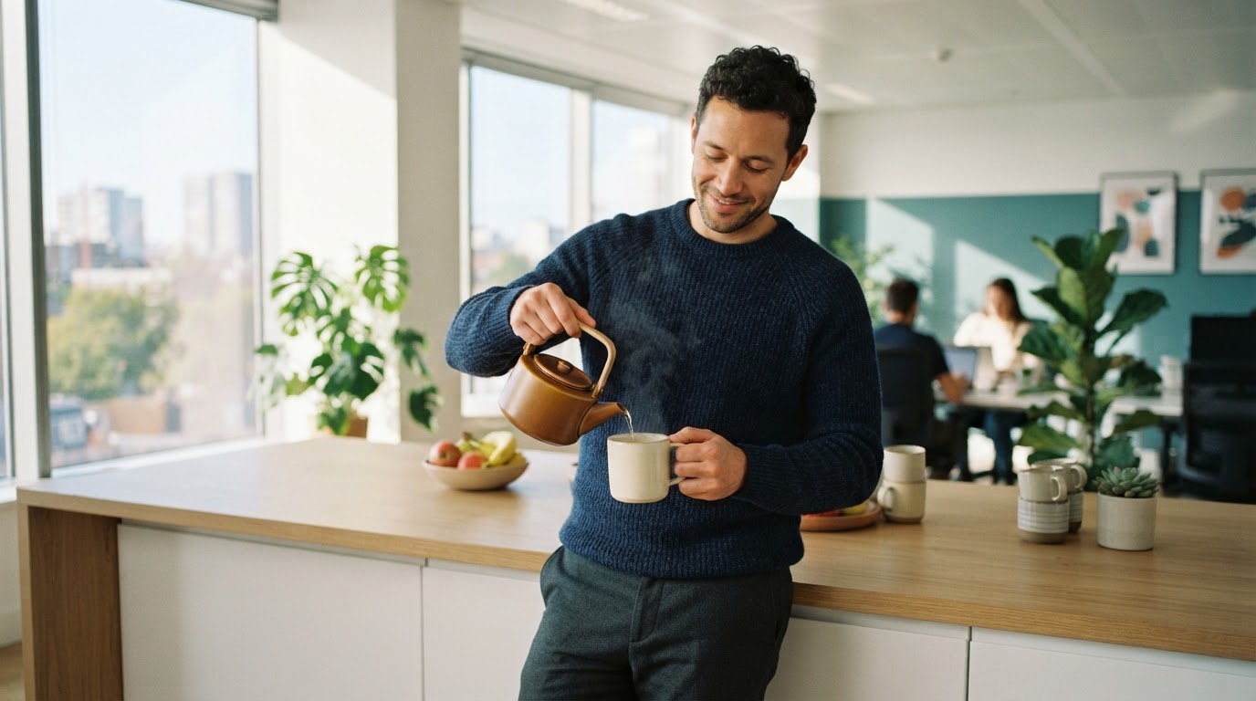 Professional relaxing in a modern office kitchen