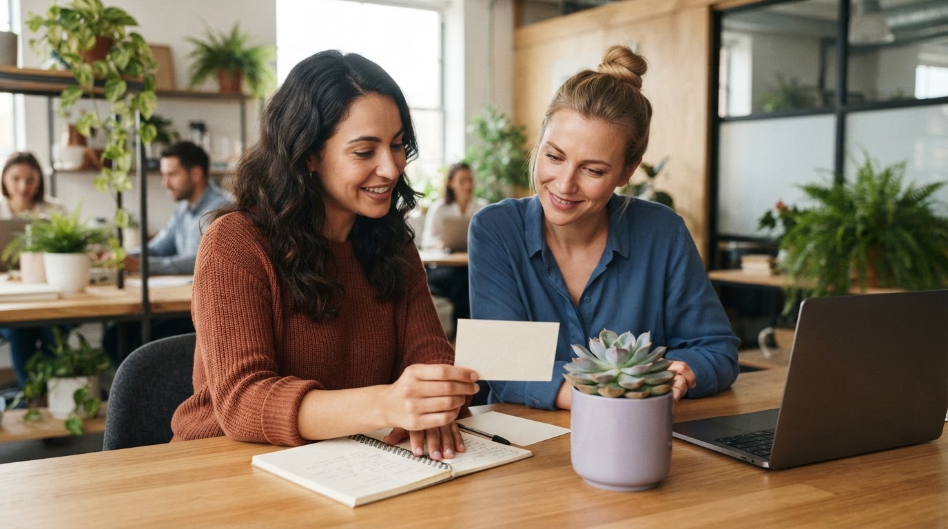 Two employees discussing health benefits in an office