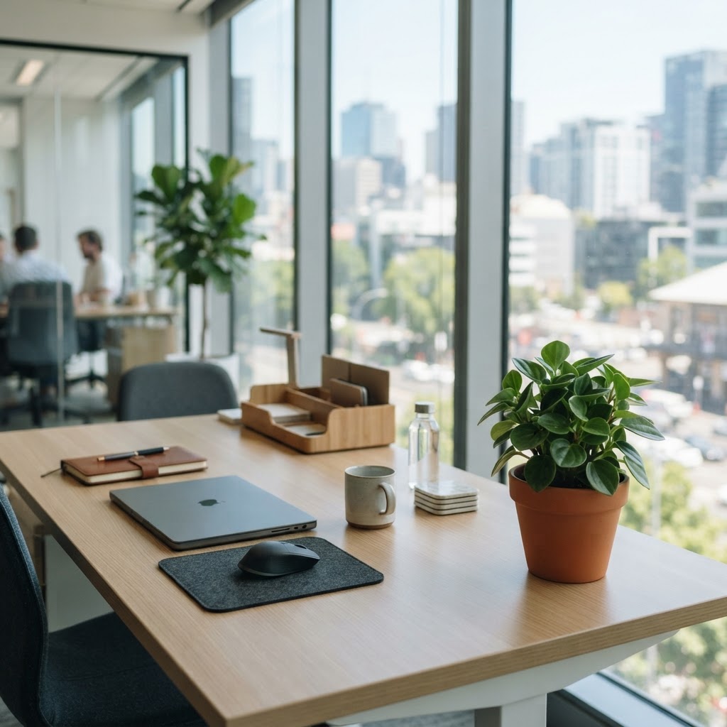 Modern office workstation with plant