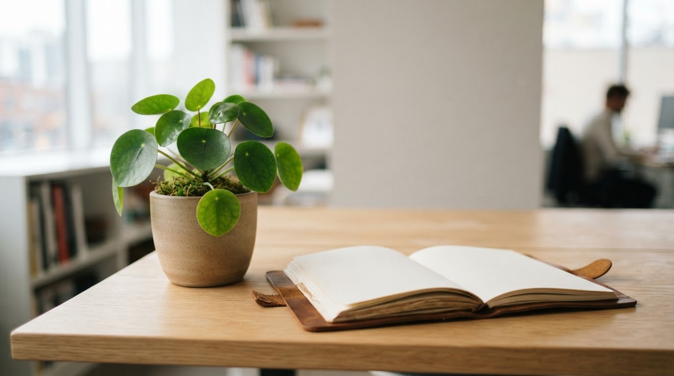 Close up of a plant and journal on an office desk