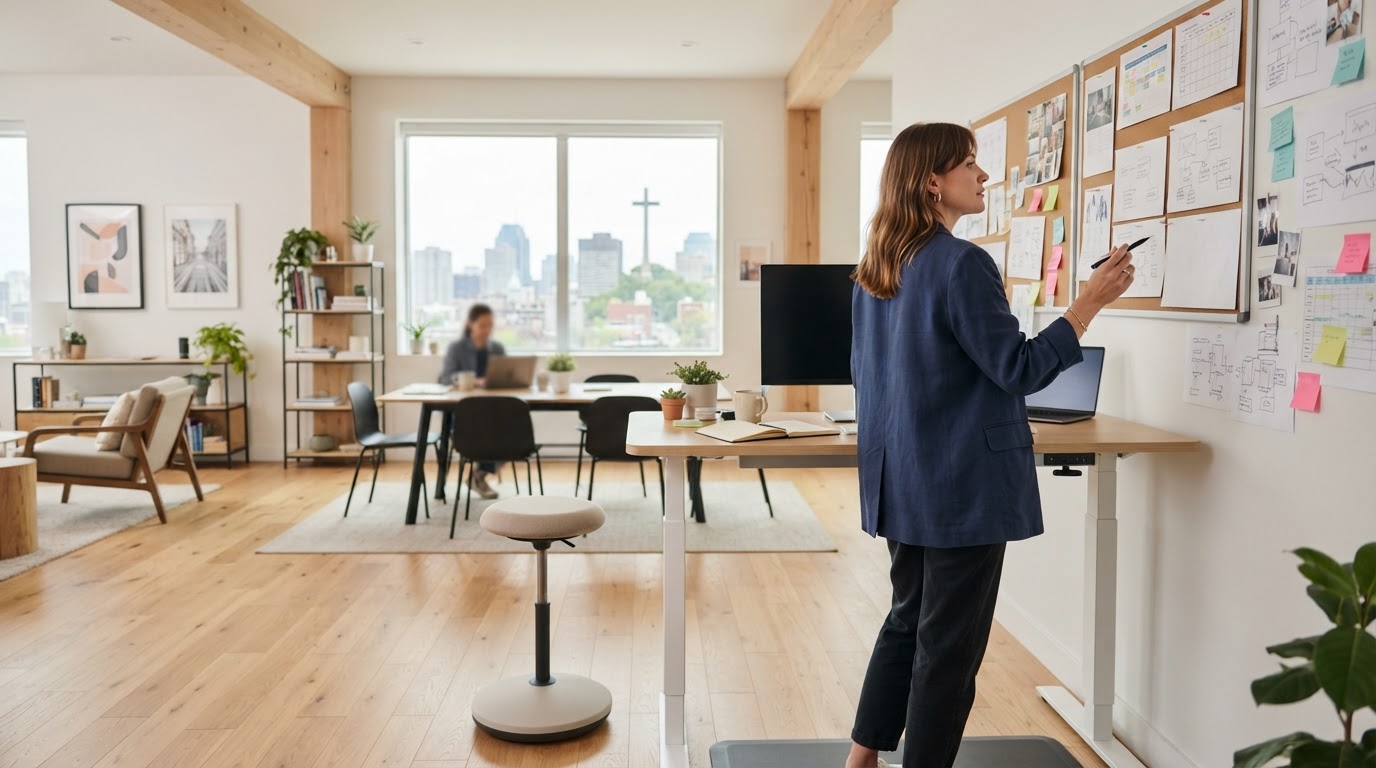 Employee working at a standing desk in a bright office