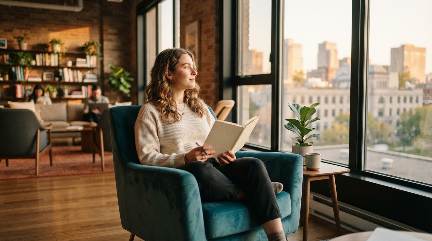 Person relaxing in a modern office lounge chair