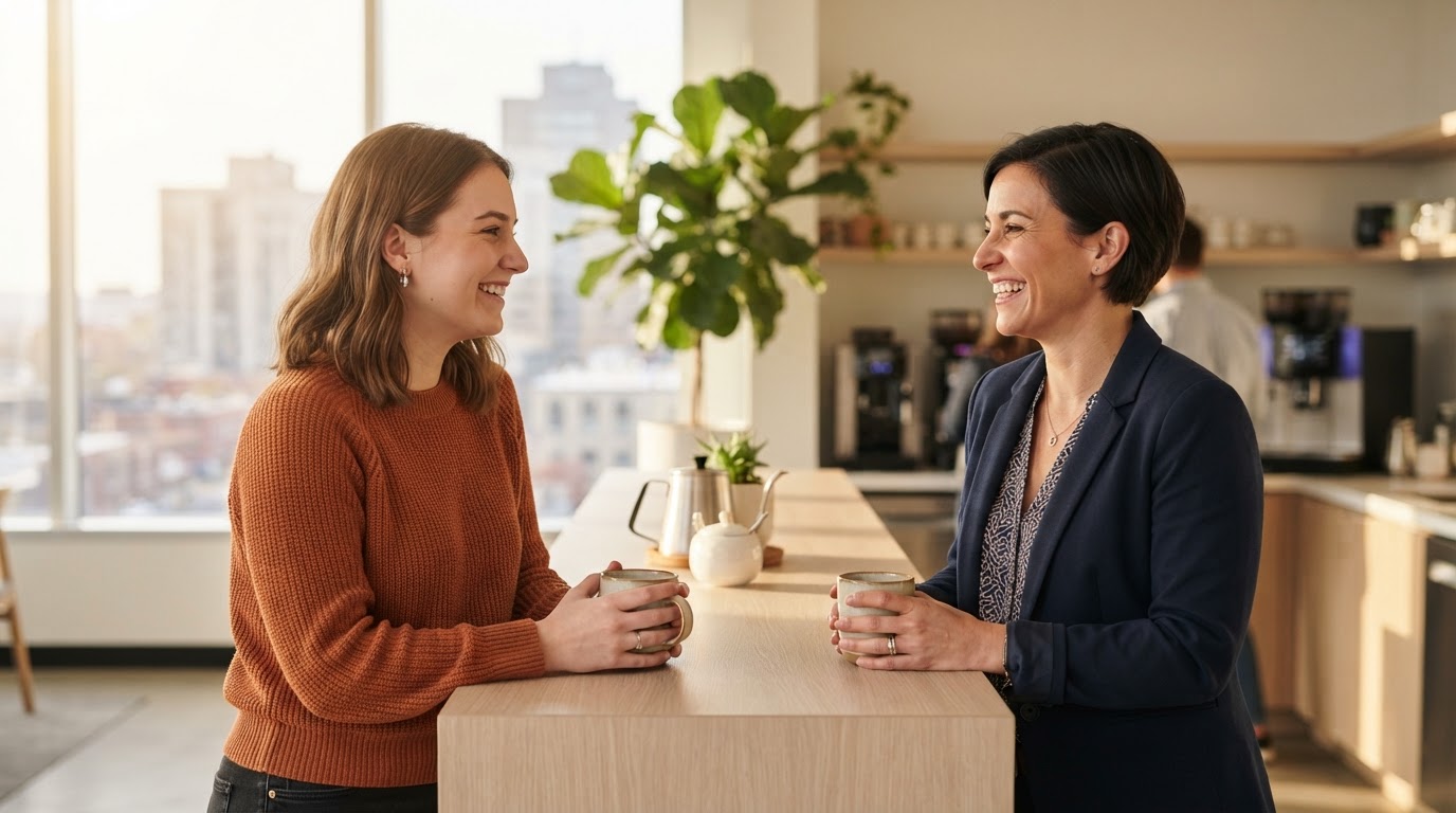 Two diverse colleagues chatting in a sunlit modern office pantry