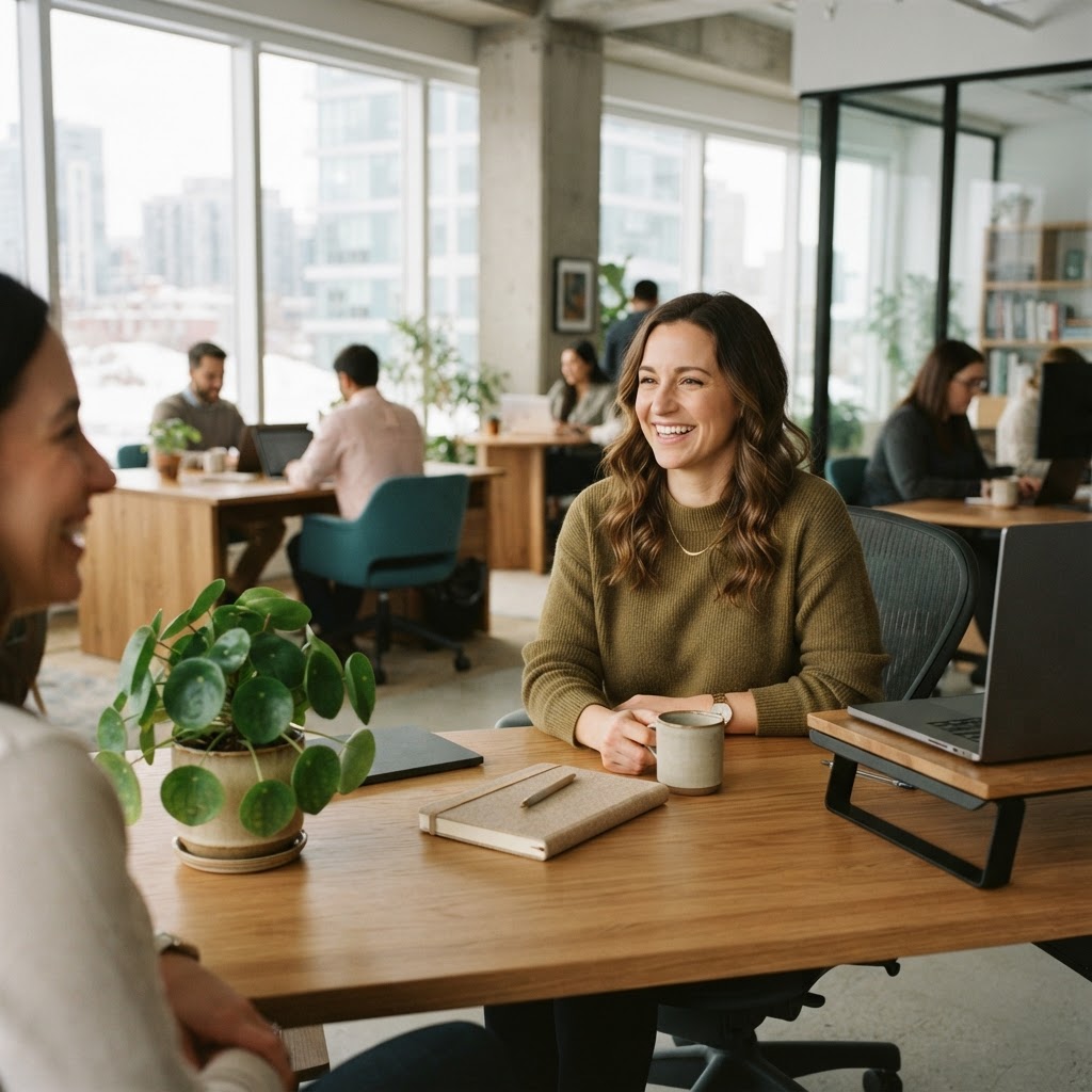 Professional at a bright modern desk in a supportive office