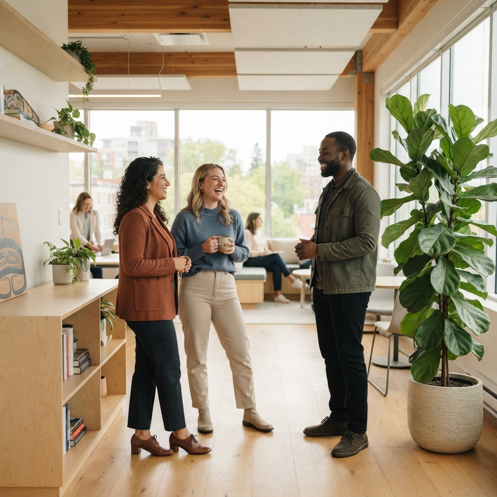 Diverse colleagues smiling in a modern bright office