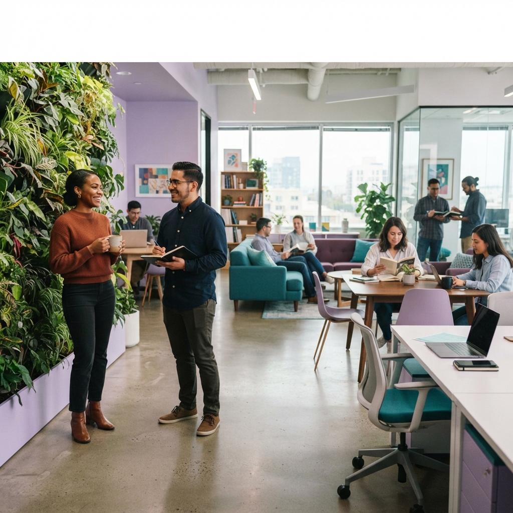 Colleagues talking in a modern, plant-filled office