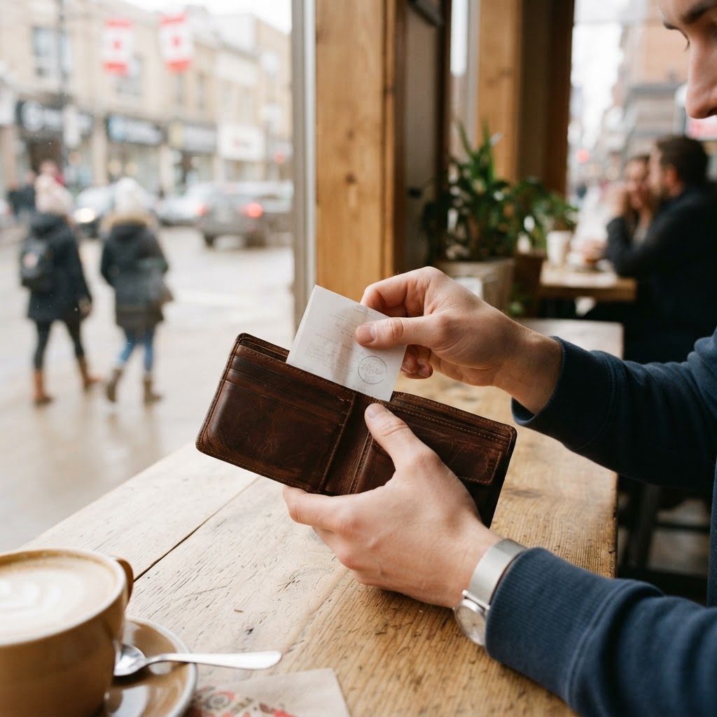 Hands placing a dental receipt into a wallet at a cafe