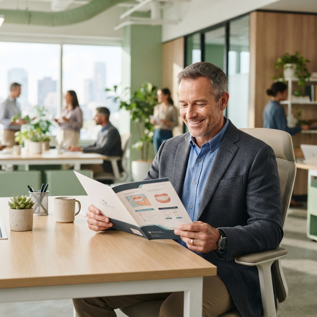 Professional reviewing dental treatment plan in bright modern office