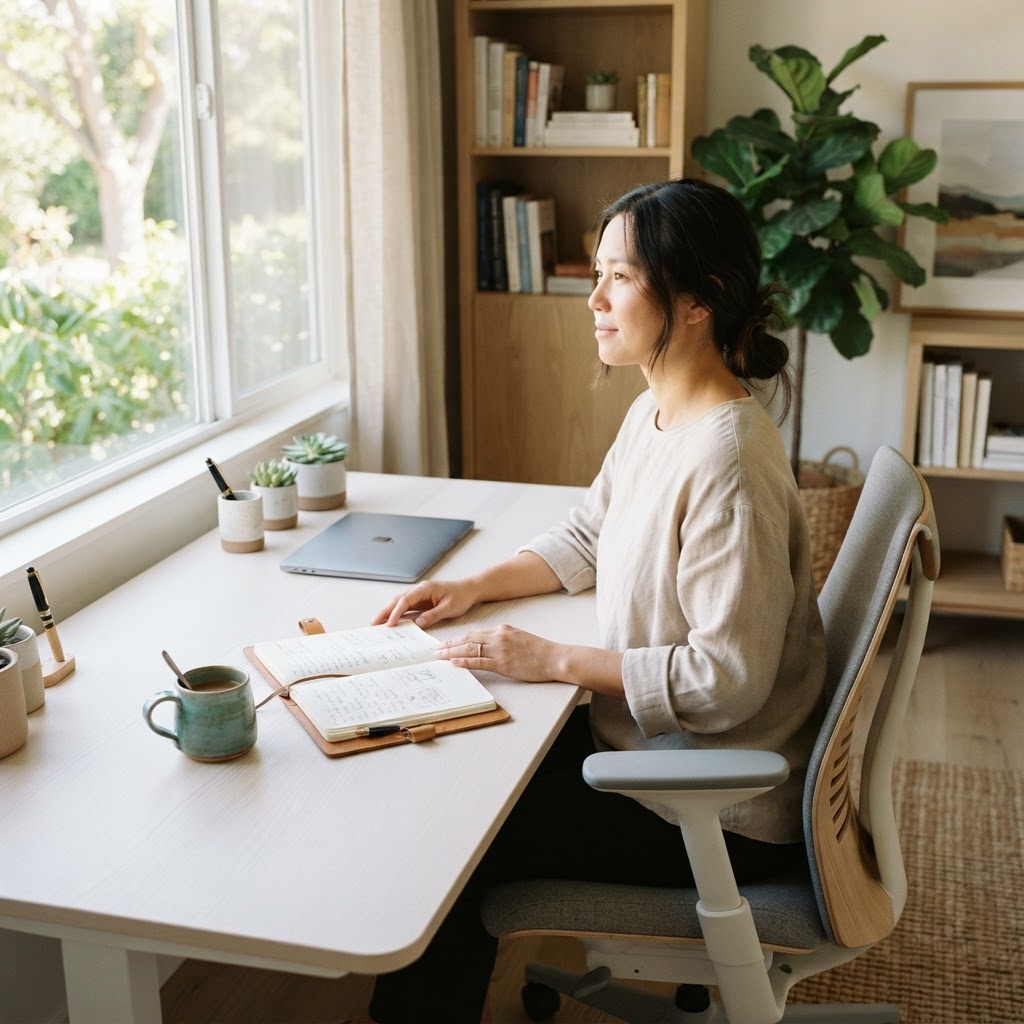 A calm person organizing a notebook at a sunlit home desk