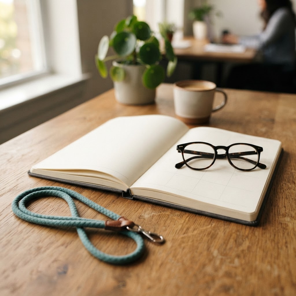 Eyeglasses and an open planner on a minimalist desk