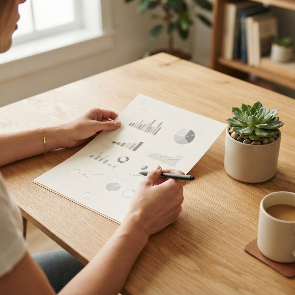 Hands working with a document on a wooden desk