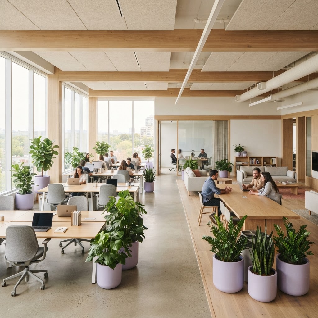 Modern sunlit office interior with plants and light wood