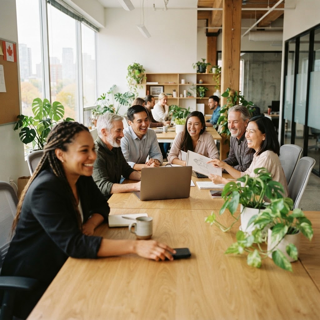 Diverse team collaborating in a bright modern office