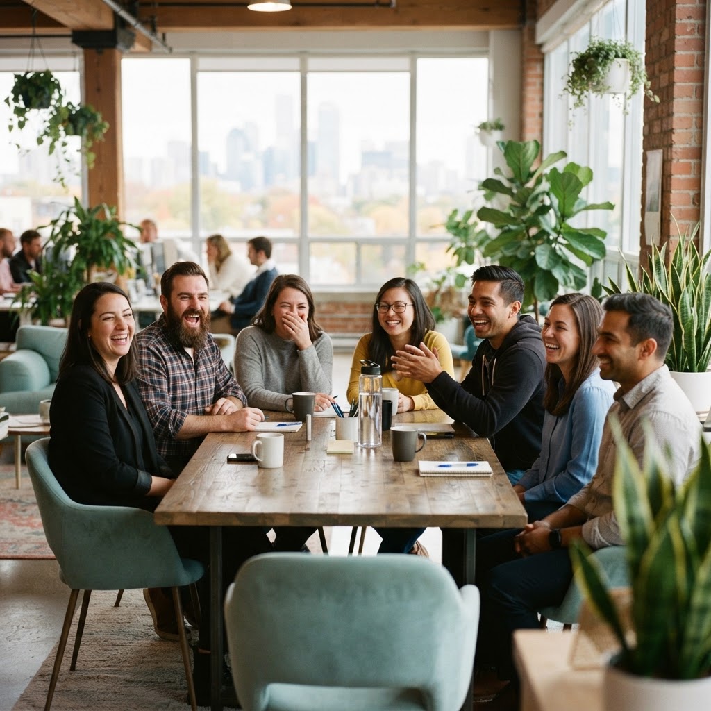 Diverse team laughing together in a bright modern office