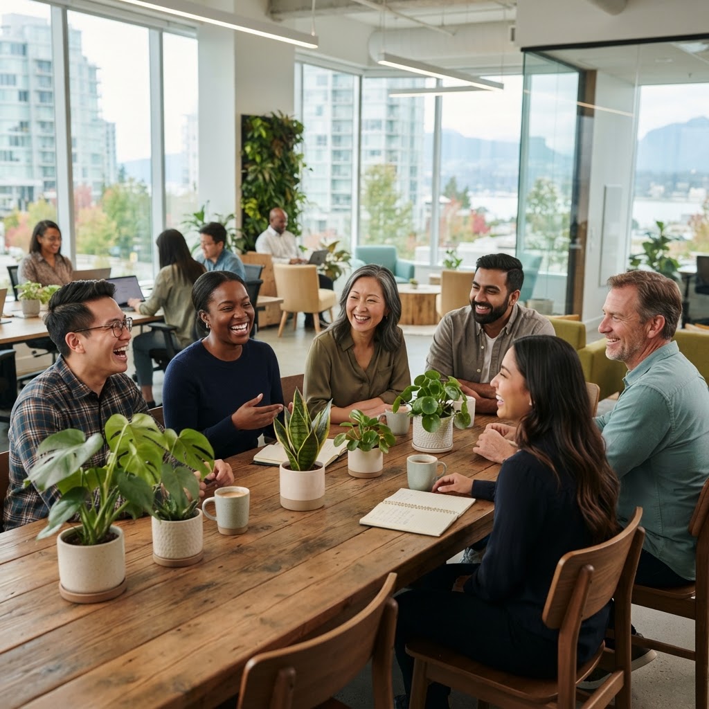 Diverse colleagues laughing together in a modern office