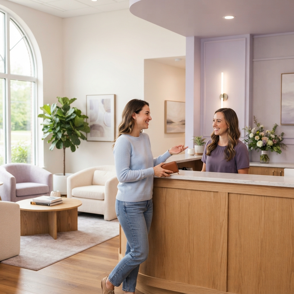 Smiling patient in a modern dental office lobby