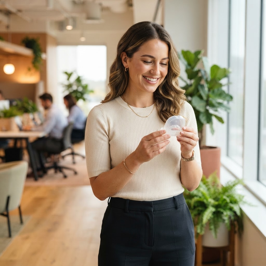 Young professional woman holding dental aligner case in bright office