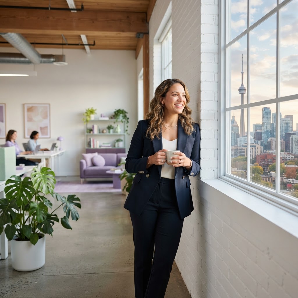Employee standing in a bright and modern office loft