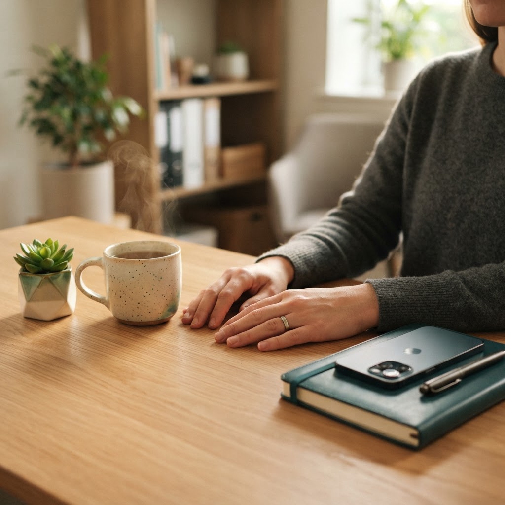 Relaxed office setting with a phone and tea on a desk