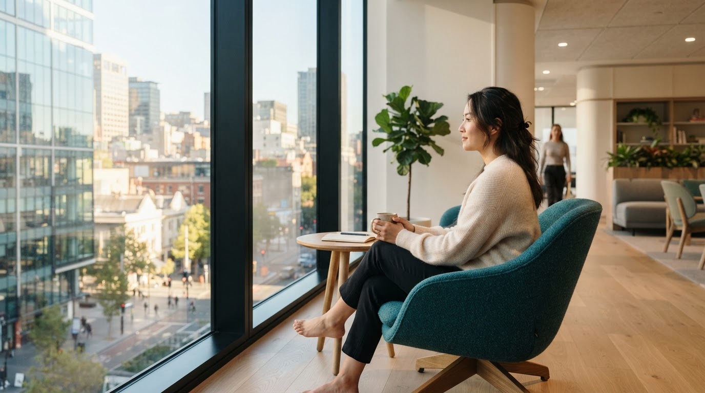 Employee relaxing in a bright modern office breakout area