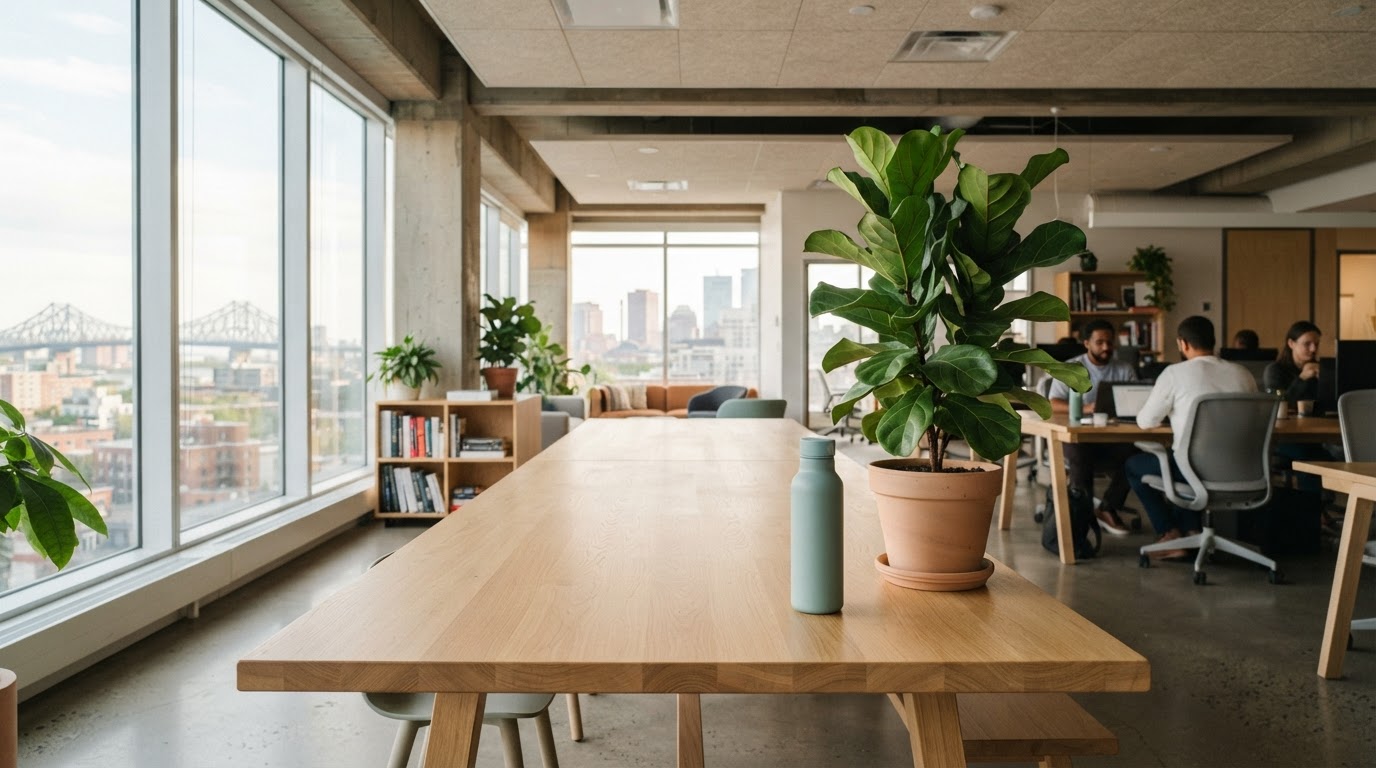 Minimalist modern office space with plants and light