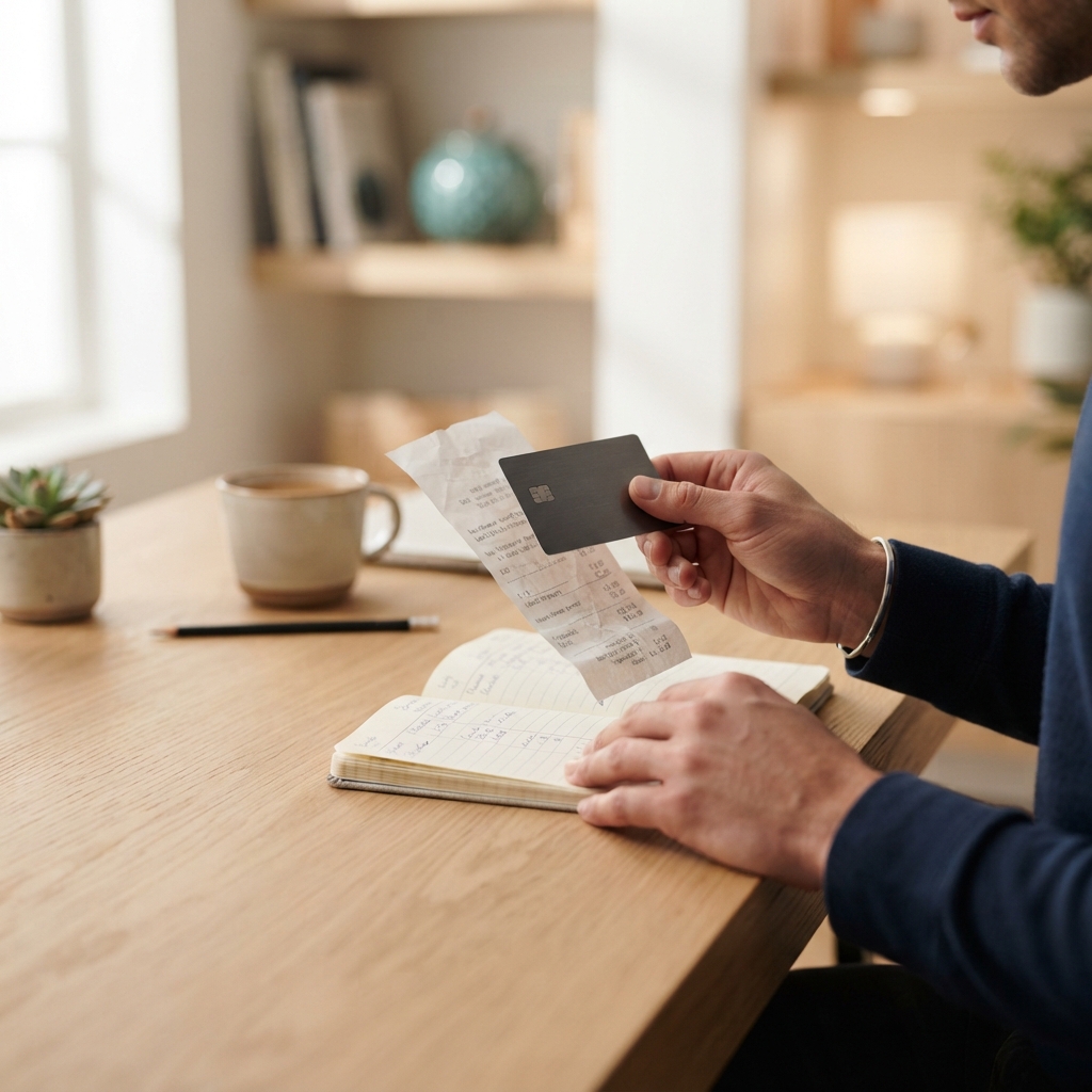 Close up of hands organizing receipts and payment card
