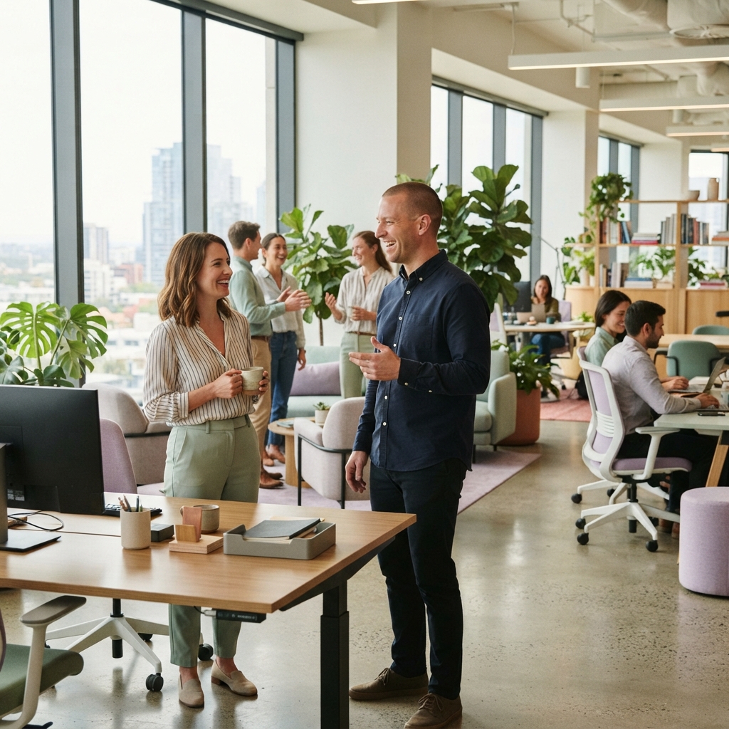 Colleagues talking in a bright modern office