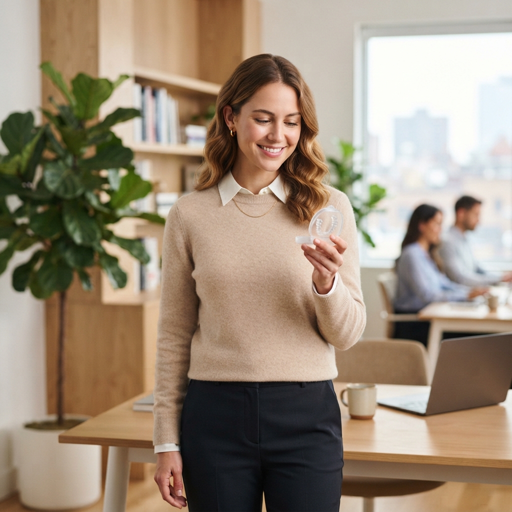 Young professional woman holding dental aligner case in office